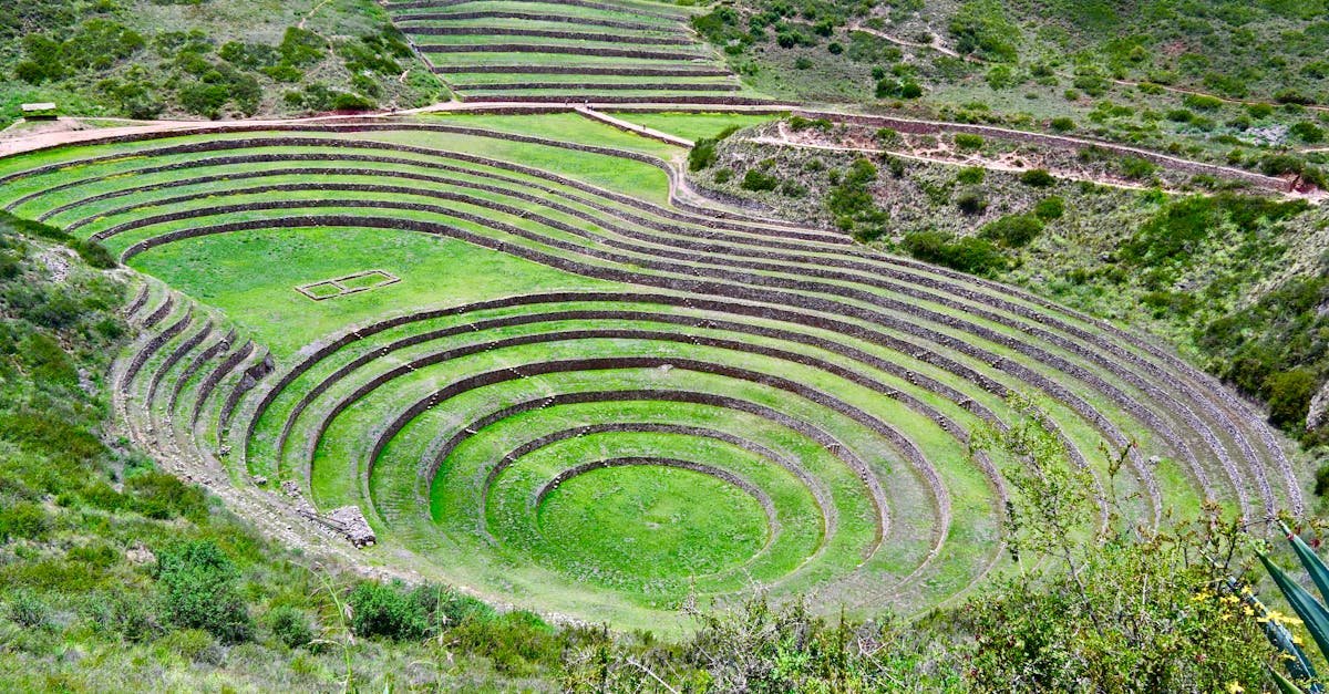 Stunning aerial view of Moray terraces showcasing ancient Incan agricultural technique in Peru.
